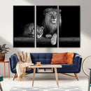 Large Black and White Lion Couple Wall Art Canvas Print –