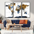 Modern Abstract World Map Canvas Wall Art – Framed Blue and