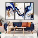 Golden Cascades on Midnight Blue – Deep Blue Abstract Wall