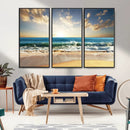 Golden Sunset Beach Triptych Canvas Wall Art for Living Room