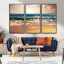 Sunset Beach Wall Art - 3-Panel Framed Canvas Print, Ready