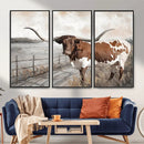 Vintage Texas Cow Wall Art Canvas Print, Rustic Longhorn