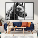 Winter Horse Canvas Print | Large 3-Panel Black White Equine