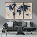 Vintage Blue World Map Canvas Wall Art – Antique Style