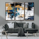 Blue and Gold Abstract Canvas Wall Art – Triptych Modern
