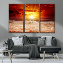 Red Sunset Ocean Beach Canvas Wall Art Beach Canvas, Coastal