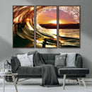 Golden Wave Sunset Triptych Canvas Art, Giclee Canvas Print