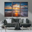 Sunset on the Ocean Beach with Waves, Reflections on Sand,