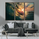 Ocean Wave Sunset Canvas Wall Art – Triptych Seascape Print
