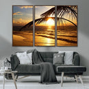 Golden Tropical Beach Sunset Canvas Triptych, Coastal Palm