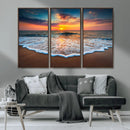Sunset Beach Canvas Wall Art – Colorful Ocean Waves Triptych