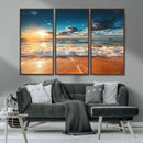 Golden Sunset Beach Triptych Canvas Art, Giclee Coastal Wall