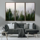 Misty Pine Forest Wall Art Canvas Print | 3 Panel Green