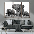 Black White Elephant Family Wall Art Canvas Print
