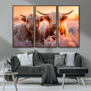 Highland Cows at Sunrise Wall Art Canvas Set – Serene and