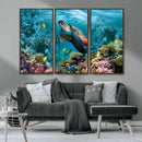 Sea Turtle and Coral Reef Triptych Wall Art – Vibrant