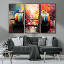 Weightlifting Barbell Art Triptych, Bold Abstract Fitness