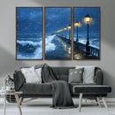 Stormy Ocean Pier Lights Canvas Wall Art Print - Large Moody
