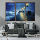 Storm Ocean Pier Canvas Wall Art Print - Large Moody Night