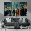 Urban Night Jazz Wall Art Canvas Print – Moody Rain-Soaked