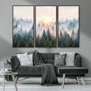Misty Pine Forest Wall Art Canvas, Sunrise Over Foggy Trees