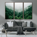 Misty Green Forest Canvas Print – Framed Serene Foggy Pine
