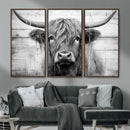 Black White Highland Cow Wall Art Canvas Print