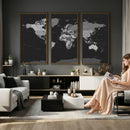Black World Map Wall Art Canvas Print – Detailed Map of the