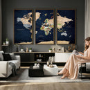 Minimalist World Map Canvas Wall Art - Watercolor Blue and