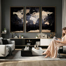 Grunge World Map Wall Art | 3-Panel Large Beige and Brown