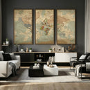 World Map Wall Art Canvas Print, Rustic Map Print, Framed