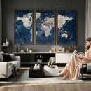 Large Blue World Map Wall Art Canvas Print for Home Office