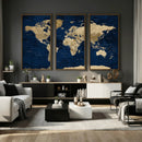 Navy Blue World Map Canvas Print – Detailed Map Minimal Navy