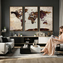 World Map Canvas Triptych – Colorful Global Wall Art for