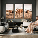 Texas Longhorn Cattle Wall Art Canvas Print, Sepia Western