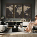 Custom World Map with Pins Canvas Wall Art Dark Charcoal