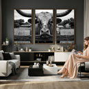 Black White Texas Longhorn Bull Canvas Wall Art, Western Ranch Cattle Photography Print, Rustic Farmhouse Cowboy Decor Artwork