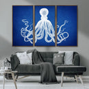 Large 3-Panel Blue Octopus Canvas Wall Art | Coastal Marine by MyGreatCanvas | Canvas Wall Art Prints | Photo Prints & Wall Decor