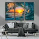 Ocean Wave Sunset Wall Art | Large Coastal Wave Canvas Print