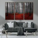 Red Forest Floor Canvas Wall Art – Mystical Foggy Woodland