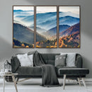 Misty Mountain Sunrise Triptych Canvas Print – Autumn