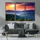 Beautiful Sunset over Hills Forest Landscape Canvas Wall Art