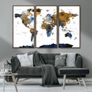 Modern Abstract World Map Canvas Wall Art – Framed Blue and