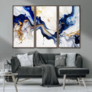 Golden Cascades on Midnight Blue – Deep Blue Abstract Wall