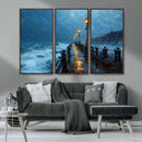 Stormy Night at Beach Pier Oil Painting Large Wall Art