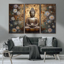 Golden Buddha Wall Art Canvas Print | Zen Meditation Floral