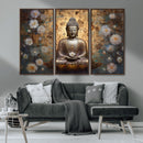 Golden Buddha Wall Art Canvas Print | Zen Meditation Floral