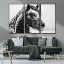 Winter Horse Canvas Print | Large 3-Panel Black White Equine