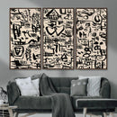 Abstract Love and Chaos Canvas Print, Black Symbols on Beige