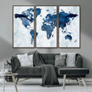 Modern Blue World Map Canvas Print – Framed Wall Art,